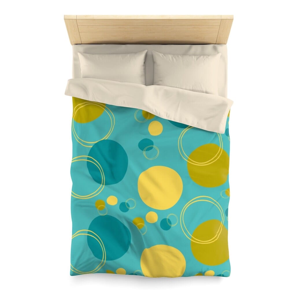 Retro Turquoise Blue Mid Century Mod Geometric Circle Yellow, Green Microfiber Duvet Cover