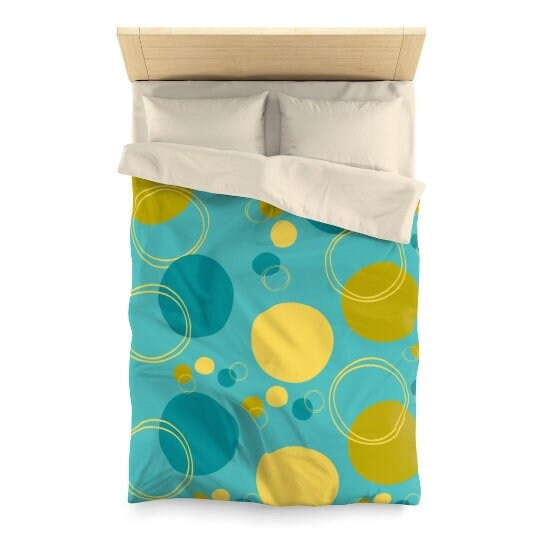 Retro Turquoise Blue Mid Century Mod Geometric Circle Yellow, Green Microfiber Duvet Cover