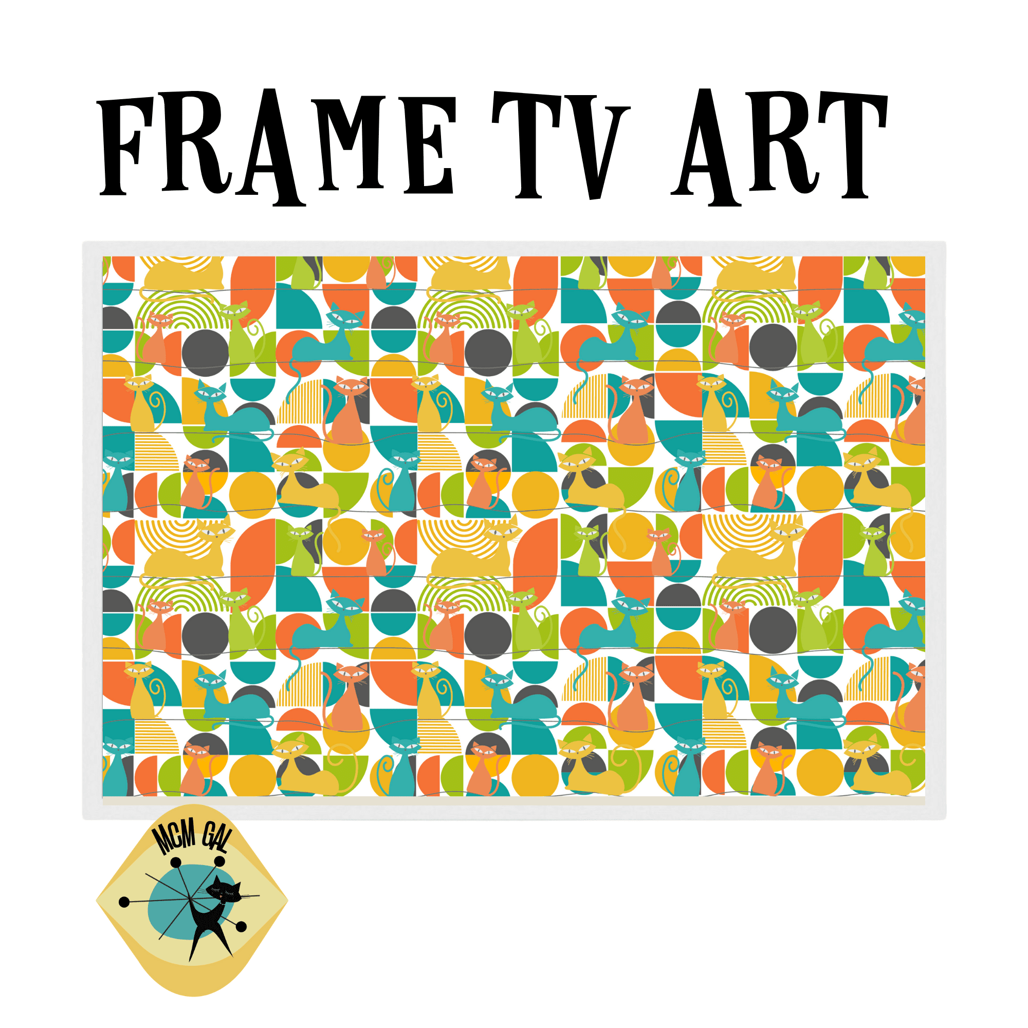 Samsung TV Frame Art, Mid Century Modern Wall Art, Atomic Cat Retro TV Frame Digital Download Art