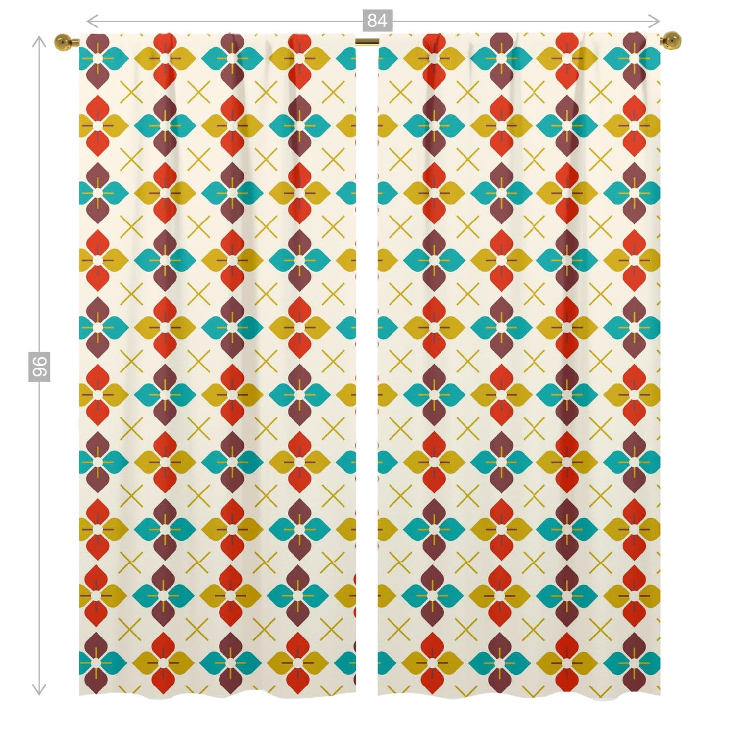 Scandinavian, Modern Danish Flower, Golden Yellow, Burnt Rd, Beige, Teal Blue, Retro Window Curtains (two panels) Curtains