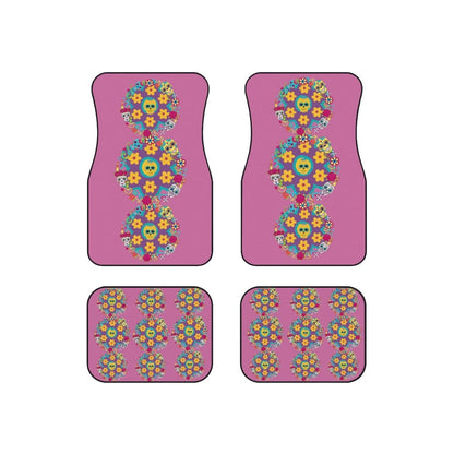 Sugar Skull Car Accessories, Car Mats (Set of 4), Retro Flowers, Hipster, Purple, Yellow, Blue, Funky, Teen Car Decorations Accessories Set of 4