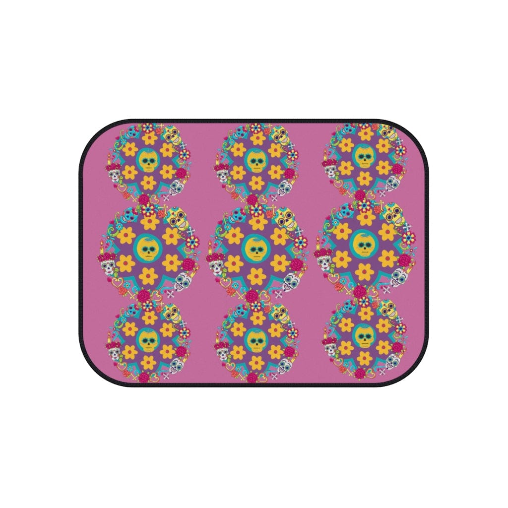 Sugar Skull Car Accessories, Car Mats (Set of 4), Retro Flowers, Hipster, Purple, Yellow, Blue, Funky, Teen Car Decorations Accessories Set of 4