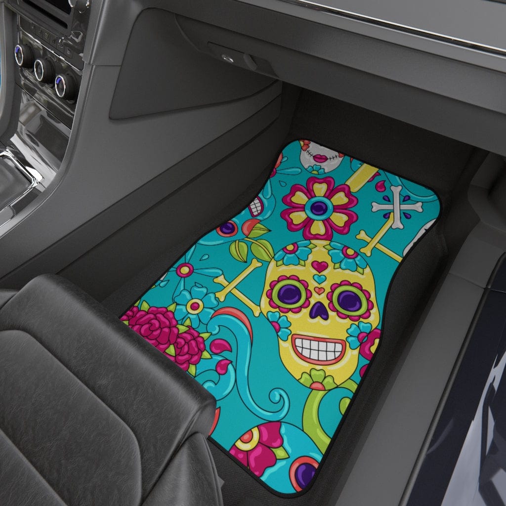 Sugar Skull Car Mats, Aqua Blue, Floral, Mid Mod Retro Flowers, Groovy Car Accessories, Car Mats (Set of 4) Accessories Set of 4