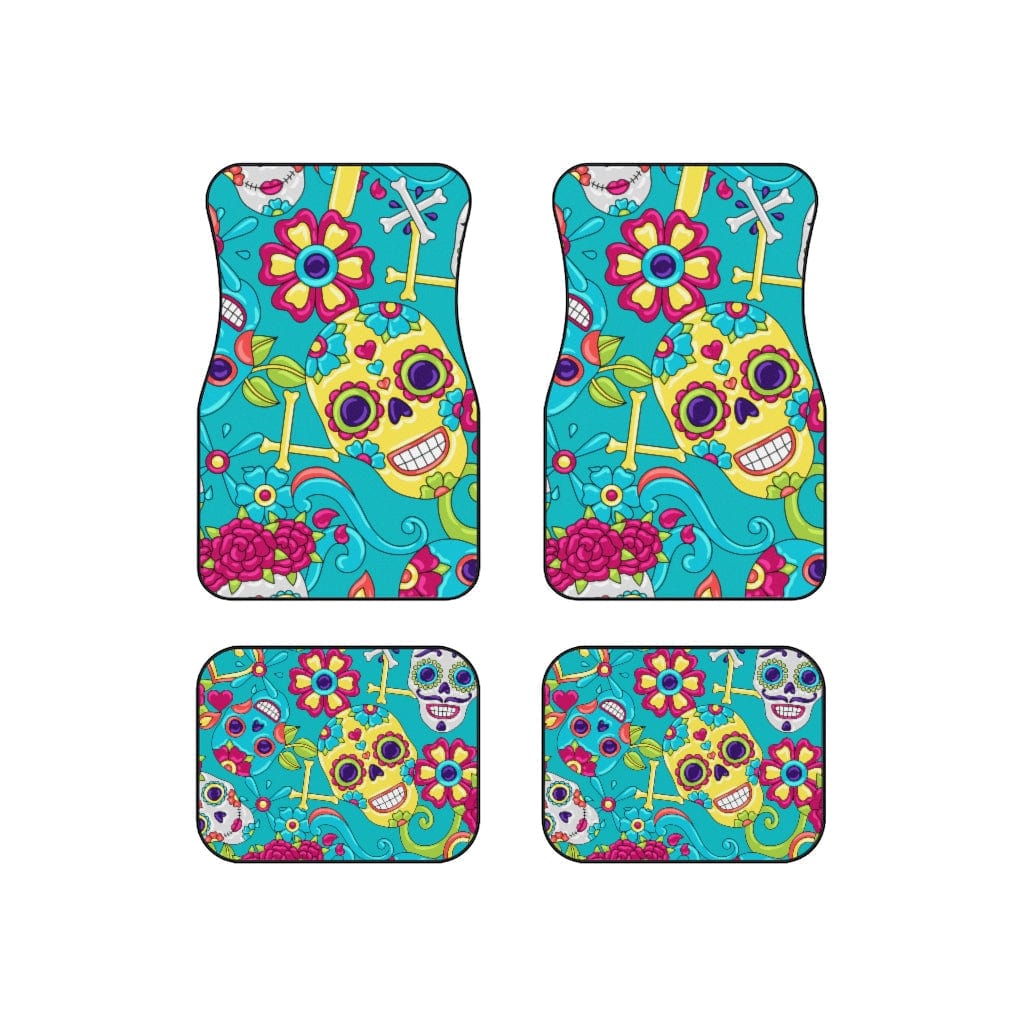 Sugar Skull Car Mats, Aqua Blue, Floral, Mid Mod Retro Flowers, Groovy Car Accessories, Car Mats (Set of 4) Accessories Set of 4