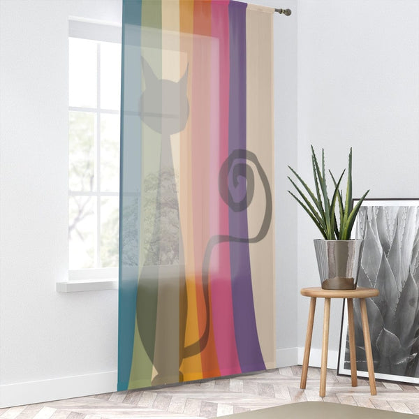 70's Curtains, Mod Cat, Retro Rainbow Road, Yellow, Pink, Blue, Green, Beige, Mid Mod MCM SHEER Window Curtain
