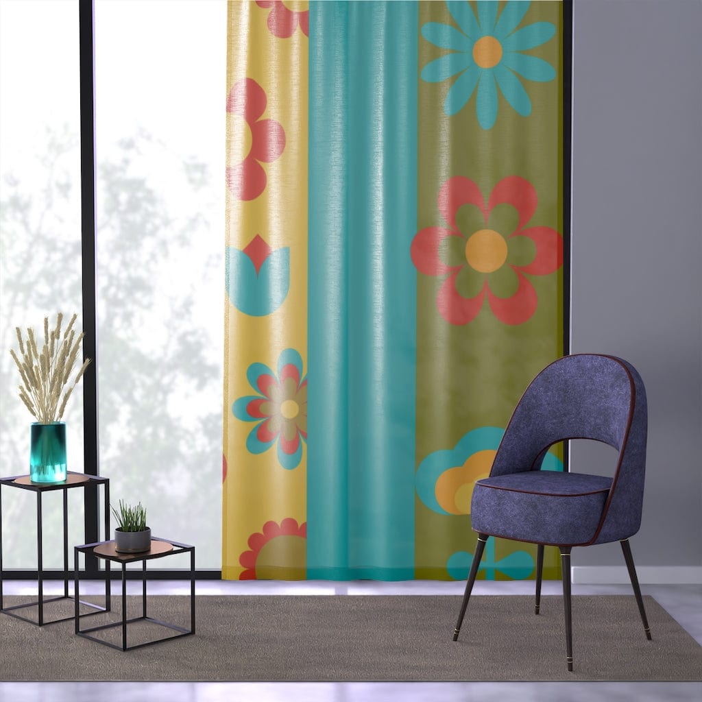 70's Retro Livingroom, Bedroom, Kitchen, Green, Yellow, Teal, Mod Daisy, Groovy Flower Power, Mid Century Modern, MCM SHEER Window Curtain Home Decor Sheer / White / 50" × 84"