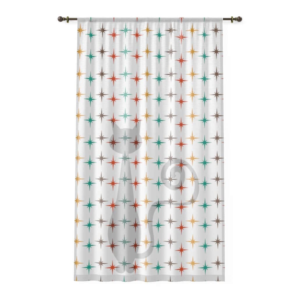 Atomic Cat Retro Curtains White, Starburst, Teal, Yellow, Brown, Red Mid Century Modern SHEER Window Curtain Home Decor Sheer / White / 50&quot; × 84&quot;