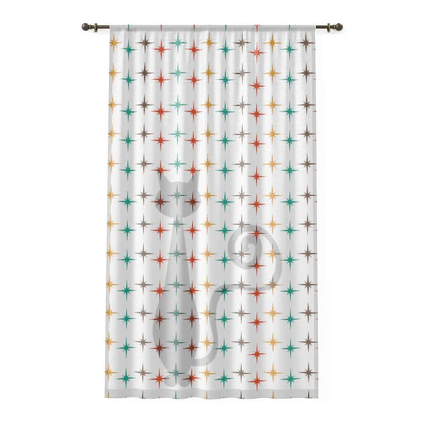 Atomic Cat Retro Curtains White, Starburst, Teal, Yellow, Brown, Red Mid Century Modern SHEER Window Curtain