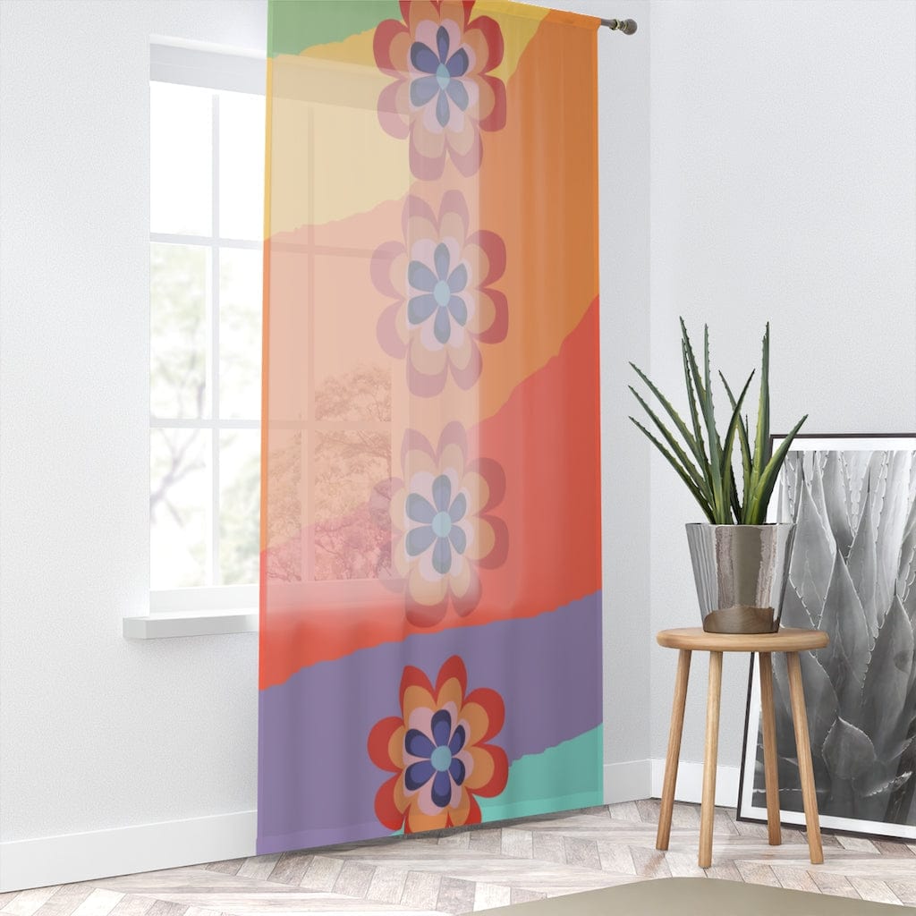 Hippie 70's Retro Rainbow, Mod Flower Power, Pink, Purple, Orange, Red Mid Mod SHEER Window Curtain Home Decor Sheer / White / 50" × 84"