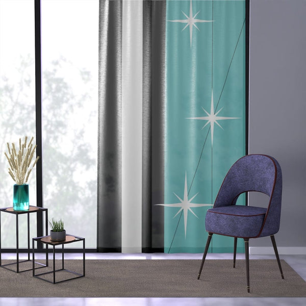 Mid Century Modern, Black, Turquoise, White, Starburst, MCM Mid Mod, Atomic Age Living SHEER Window Curtain