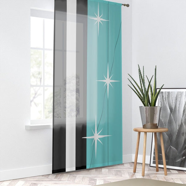 Mid Century Modern, Black, Turquoise, White, Starburst, MCM Mid Mod, Atomic Age Living SHEER Window Curtain