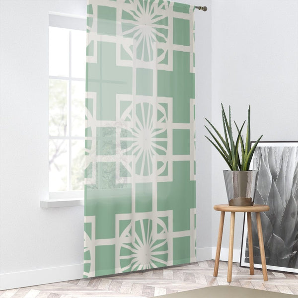 Mid Century Modern, Mint Green, Cream White, 1950's Breeze Block, Mid Mod, MCM Atomic Living SHEER Window Curtain