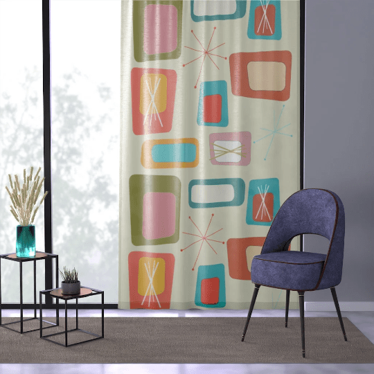 Mid Century Modern, Retro Geometric, Abstract Art, Starburst, Beige, Vibrant Color Pattern, Mid Mod MCM SHEER Window Curtain Home Decor Sheer / White / 50&quot; × 84&quot;