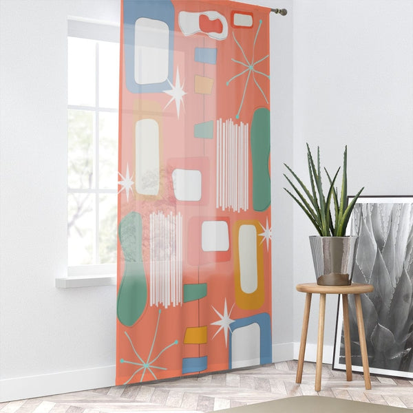 Mid Century Modern, Tangerine Orange, Geometric Retro MCM Sheer Window Curtain
