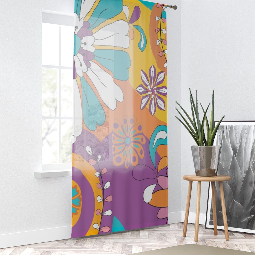 Retro 60's 70's, Groovy, Purple, Aqua, Orange, Hippie Flowers, Hipster Mid Mod MCM SHEER Window Curtain Home Decor Sheer / White / 50" × 84"