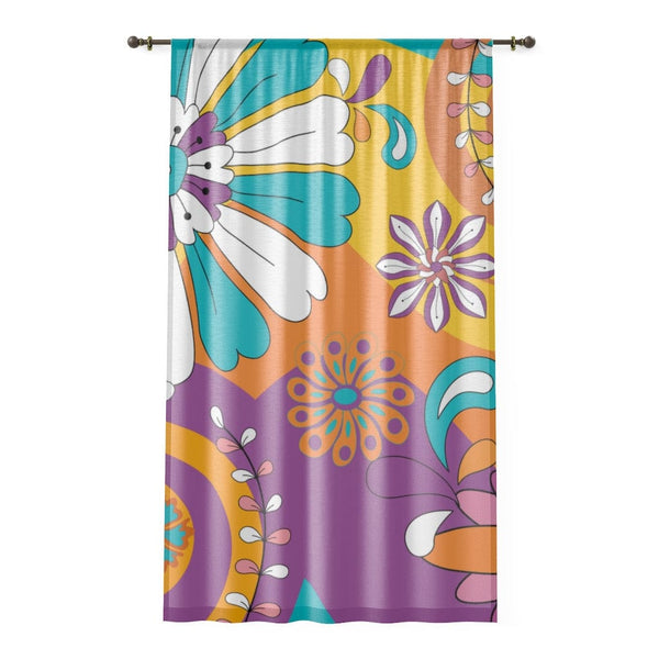 Retro 60's 70's, Groovy, Purple, Aqua, Orange, Hippie Flowers, Hipster Mid Mod MCM SHEER Window Curtain