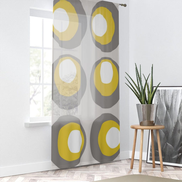 Retro Sheer Window Curtain, Gray, Yellow, White, Peacock Eye, Mid Mod, MCM Home Decor