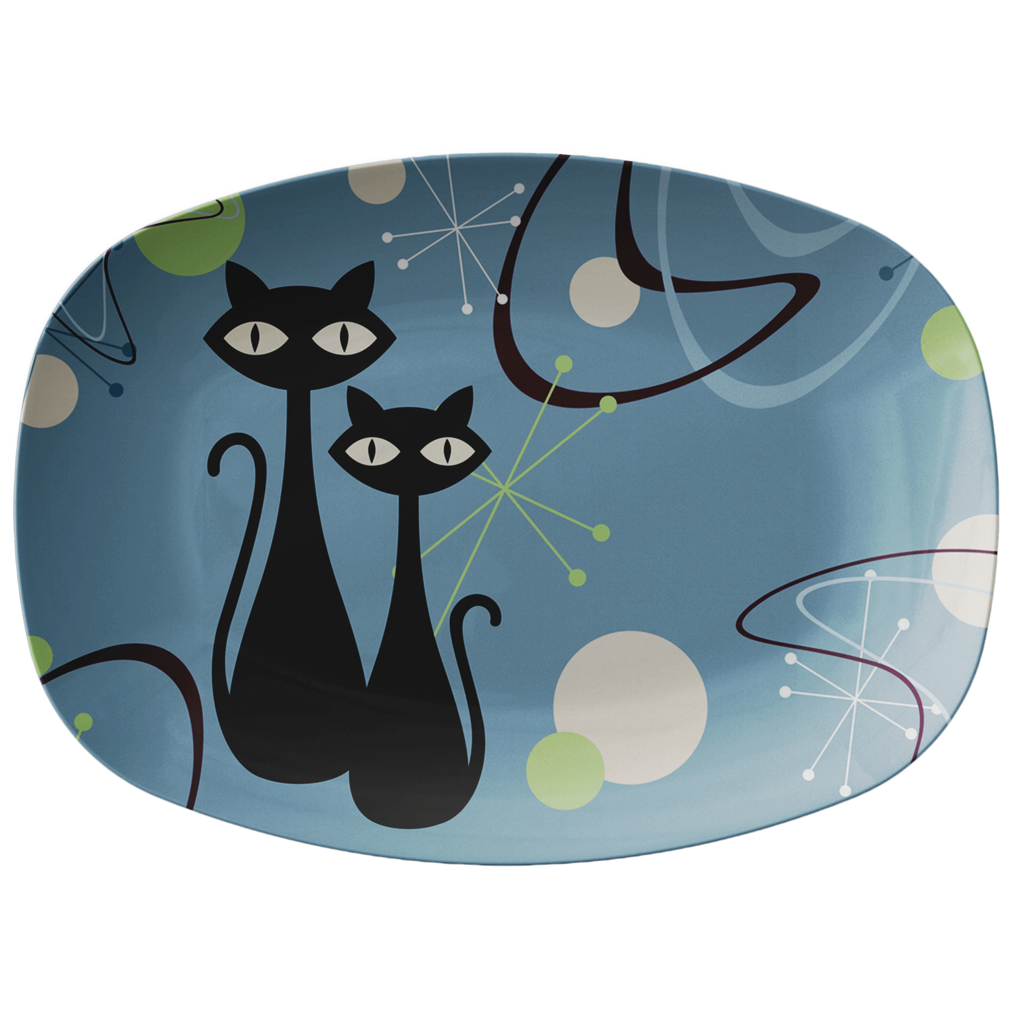 Retro Atomic Black Cat Indigo Blue Mid Century Modern Platter Dinnerware Single Platter