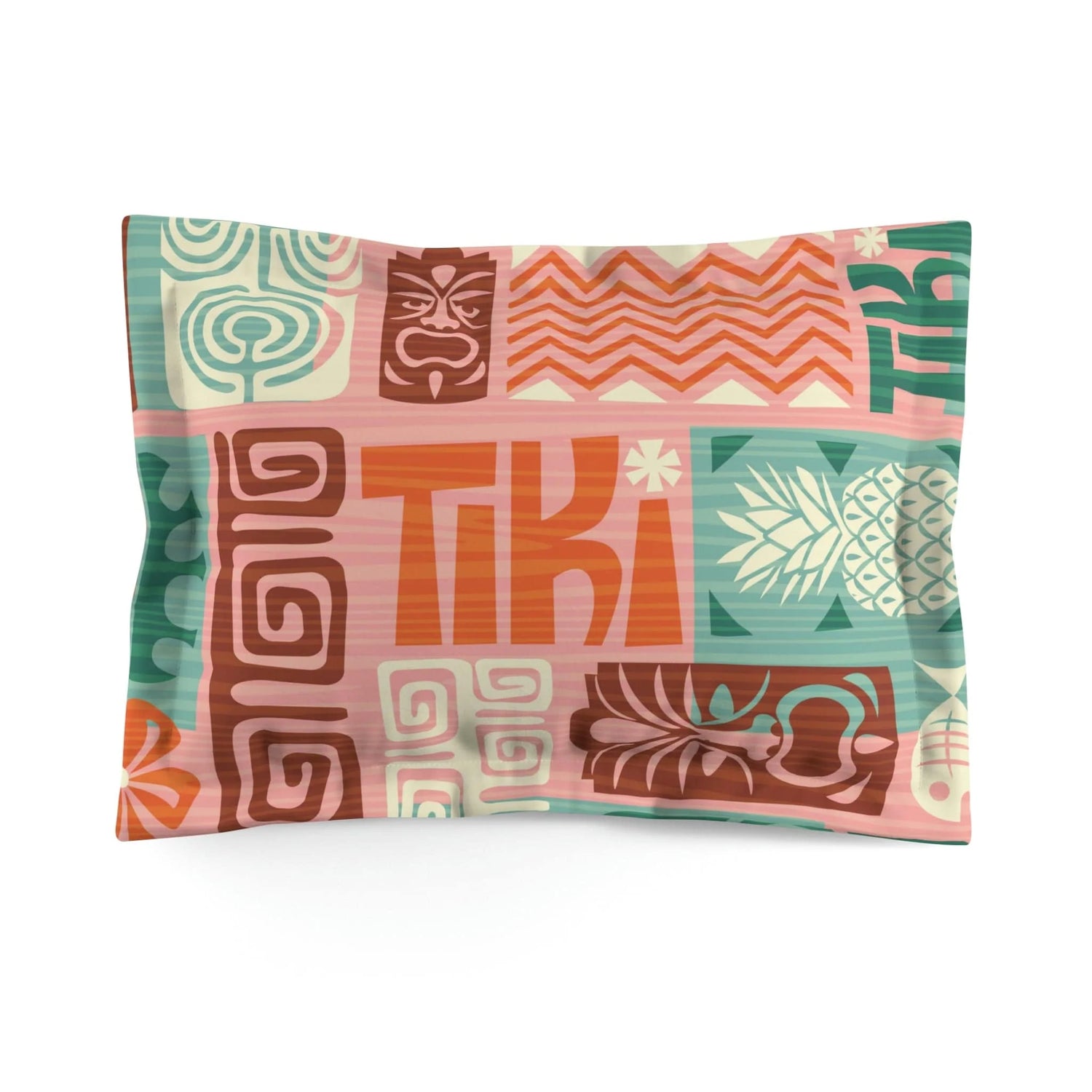 Retro Tiki Bedding, Tropical Tiki, Teal, Pink, Orange ,Funky Fun Floral, Pineapple, Tiki Microfiber Pillow Sham Home Decor Standard