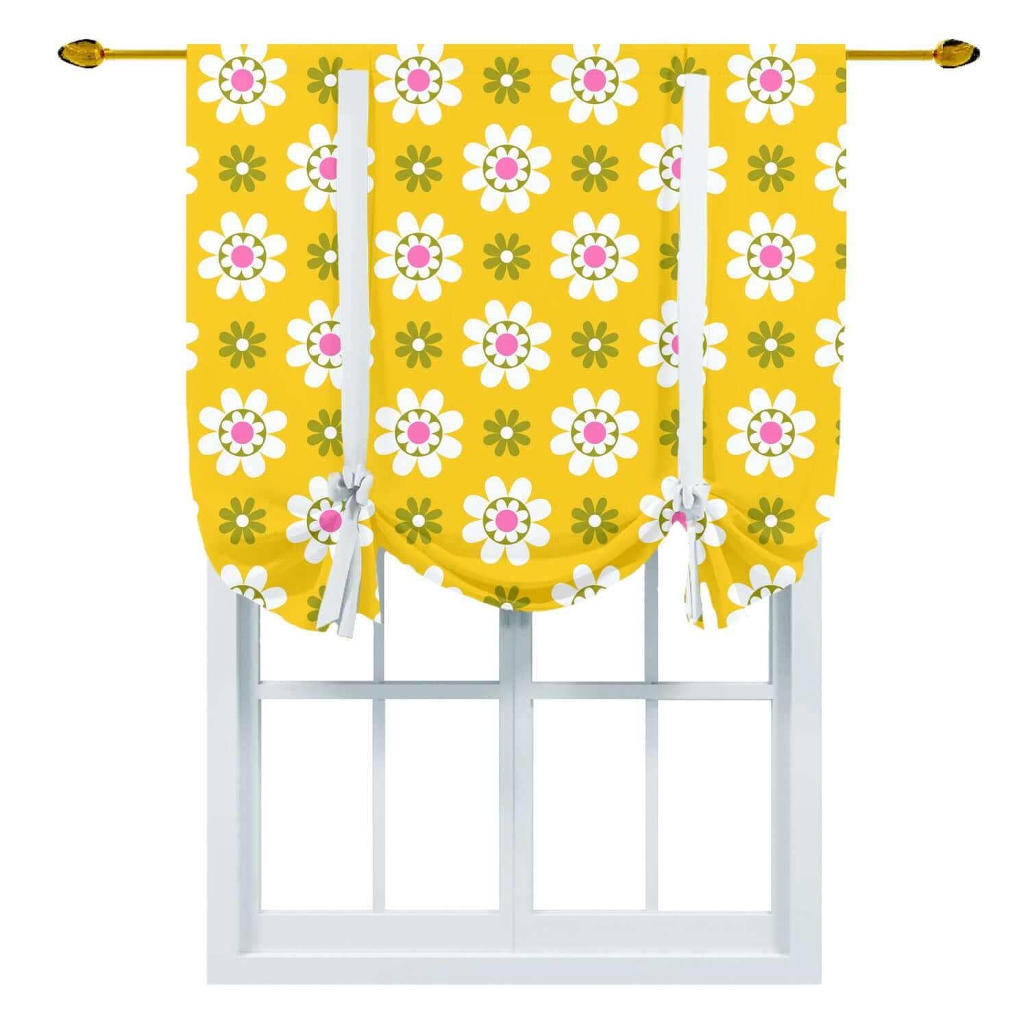 Vintage Daisy, Mid Mod Yellow, Pink, Green MCM Tie Up Curtain Curtains