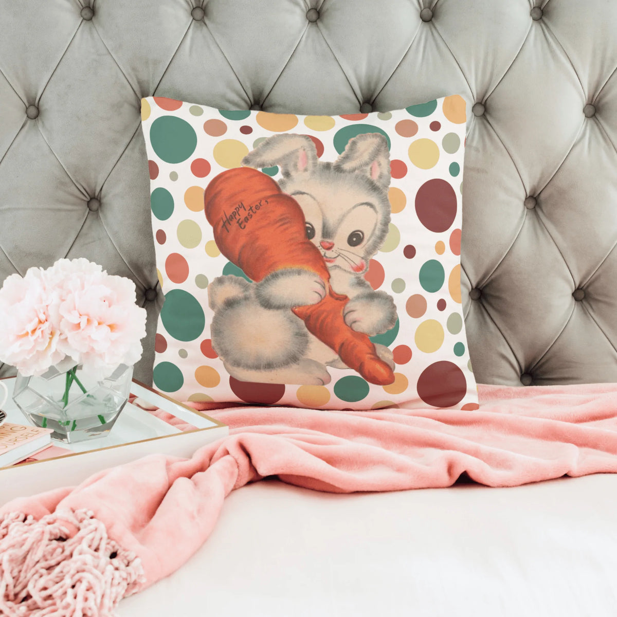 Vintage Easter Bunny Card, Happy Easter, Polka Dot, Easter Decor Pillow And Insert Home Decor