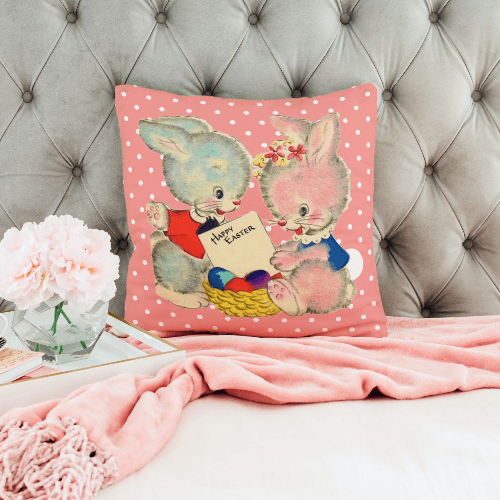 Vintage Easter Card Anthropomorphic Bunny Girl, Bunny Boy, Love, Happy Easter Retro Polka Dot Pink Easter Pillow And Insert Home Decor