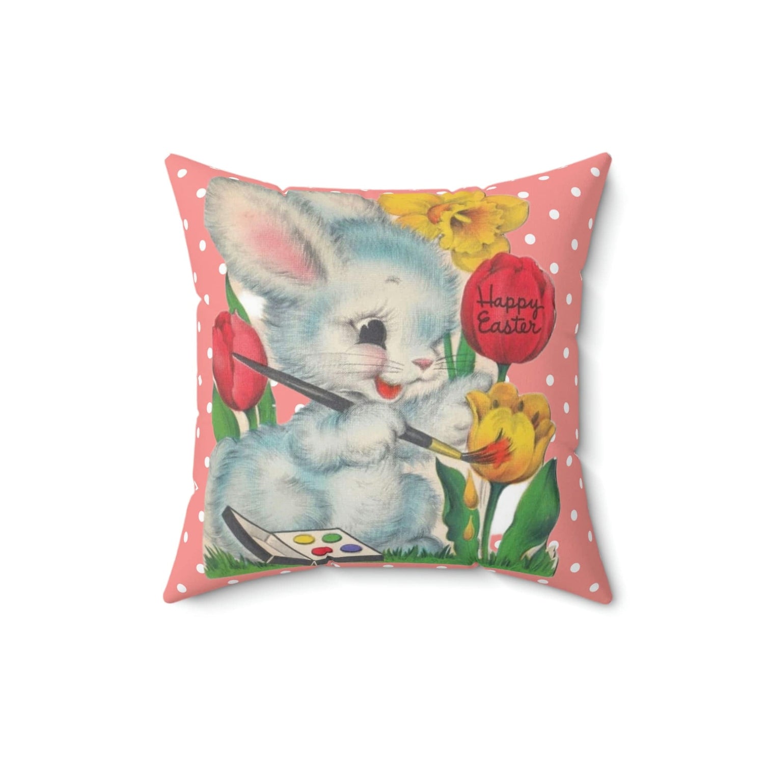 Vintage Easter Card Anthropomorphic Bunny, Happy Easter, Tulips, Kitschy Cute Easter Bunny Artist, Retro Spring Pillow And Insert Home Decor