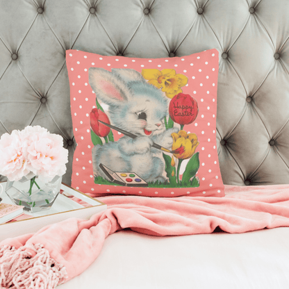 Vintage Easter Card Anthropomorphic Bunny, Happy Easter, Tulips, Kitschy Cute Easter Bunny Artist, Retro Spring Pillow And Insert Home Decor