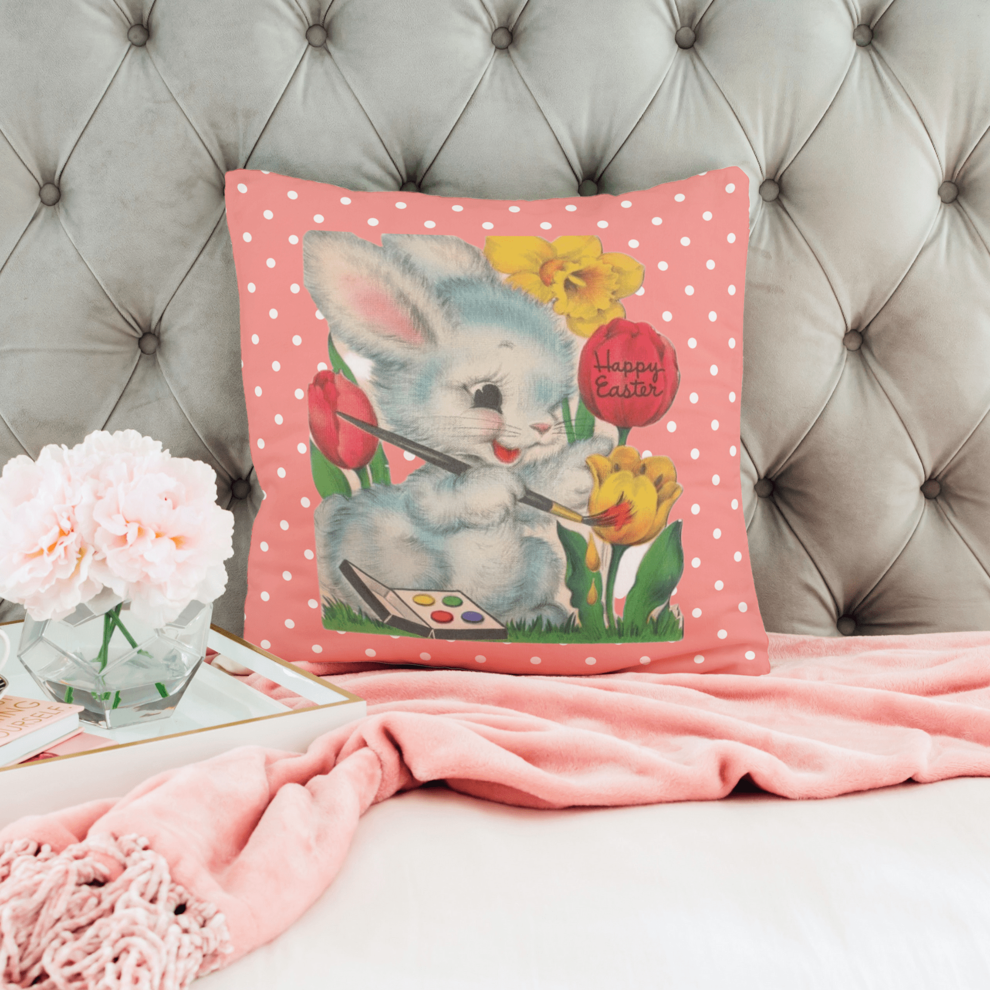 Vintage Easter Card Anthropomorphic Bunny, Happy Easter, Tulips ...