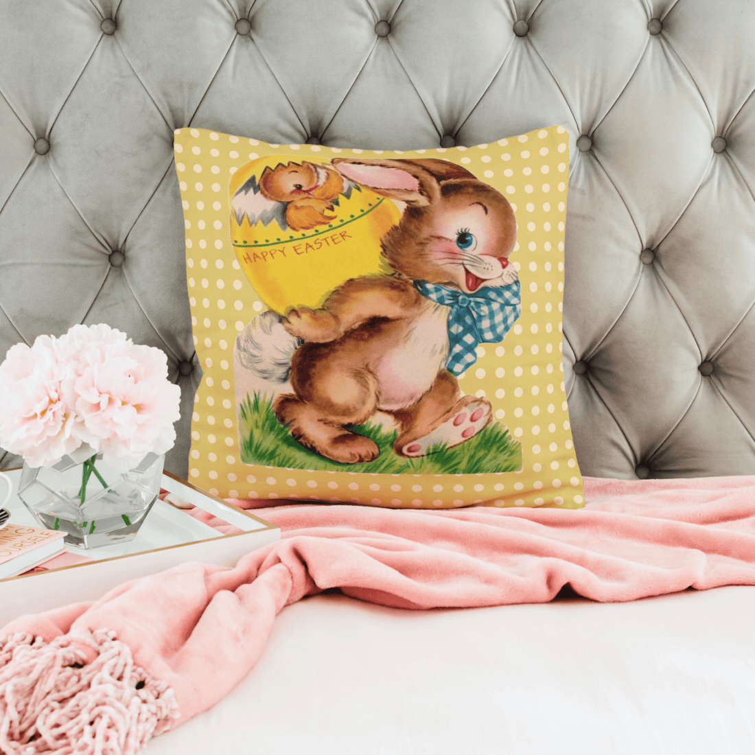 Vintage Easter Card Anthropomorphic Bunny, Happy Easter, Yellow Polka Dot, Hatching Chick In Egg, Spring, Easter, Retro Pillow And Insert Home Decor