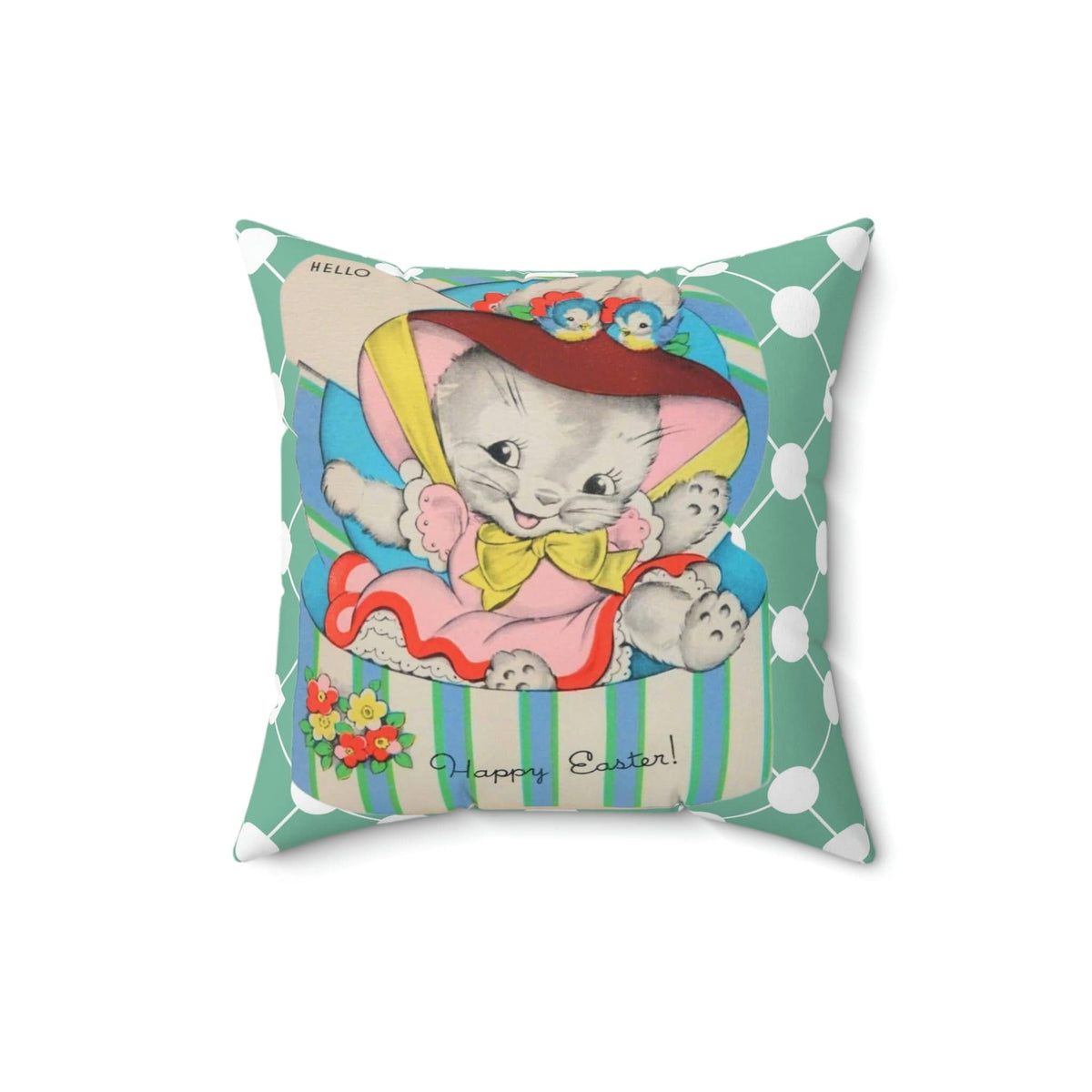 Vintage Easter Card Anthropomorphic Bunny In Hat Box, Aqua Blue, Teal Pink Bonnet,  Happy Easter Retro Style Spring Pillow And Insert Home Decor