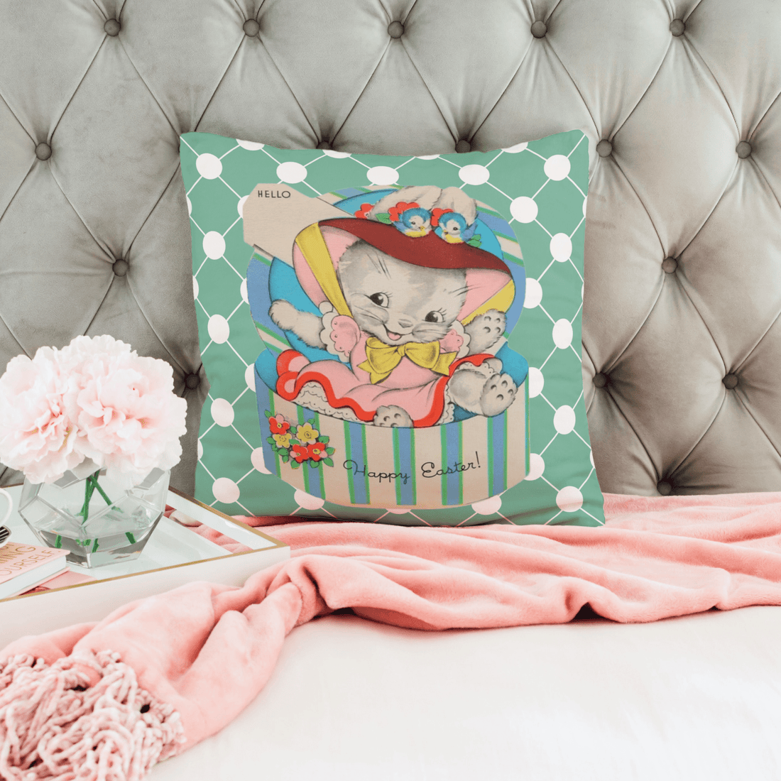 Vintage Easter Card Anthropomorphic Bunny In Hat Box, Aqua Blue, Teal Pink Bonnet,  Happy Easter Retro Style Spring Pillow And Insert Home Decor