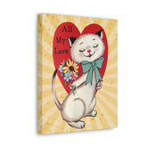 Vintage Retro Valentine Card, Cute White Kitschy Cat All My Love, Valentine Gifts for Her Canvas