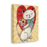 Vintage Retro Valentine Card, Cute White Kitschy Cat All My Love, Valentine Gifts for Her Canvas Mid Century Modern Gal