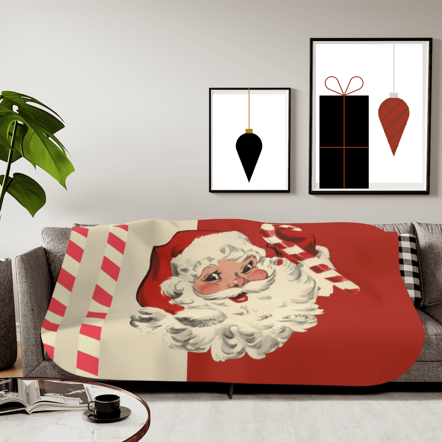 Vintage Santa Claus, Retro Christmas, Mid Century Modern Holiday, Cranberry Red, Beige, Candy Cane Stripe Sherpa Blanket, Two Colors Home Decor