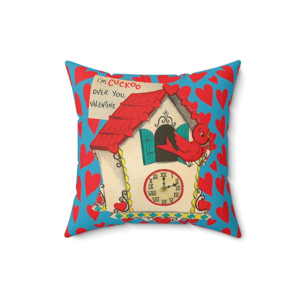 Vintage Valentine, Cuckoo Clock, Birdie, Kitschy Retro Valentine Mod Pillow And Insert Home Decor