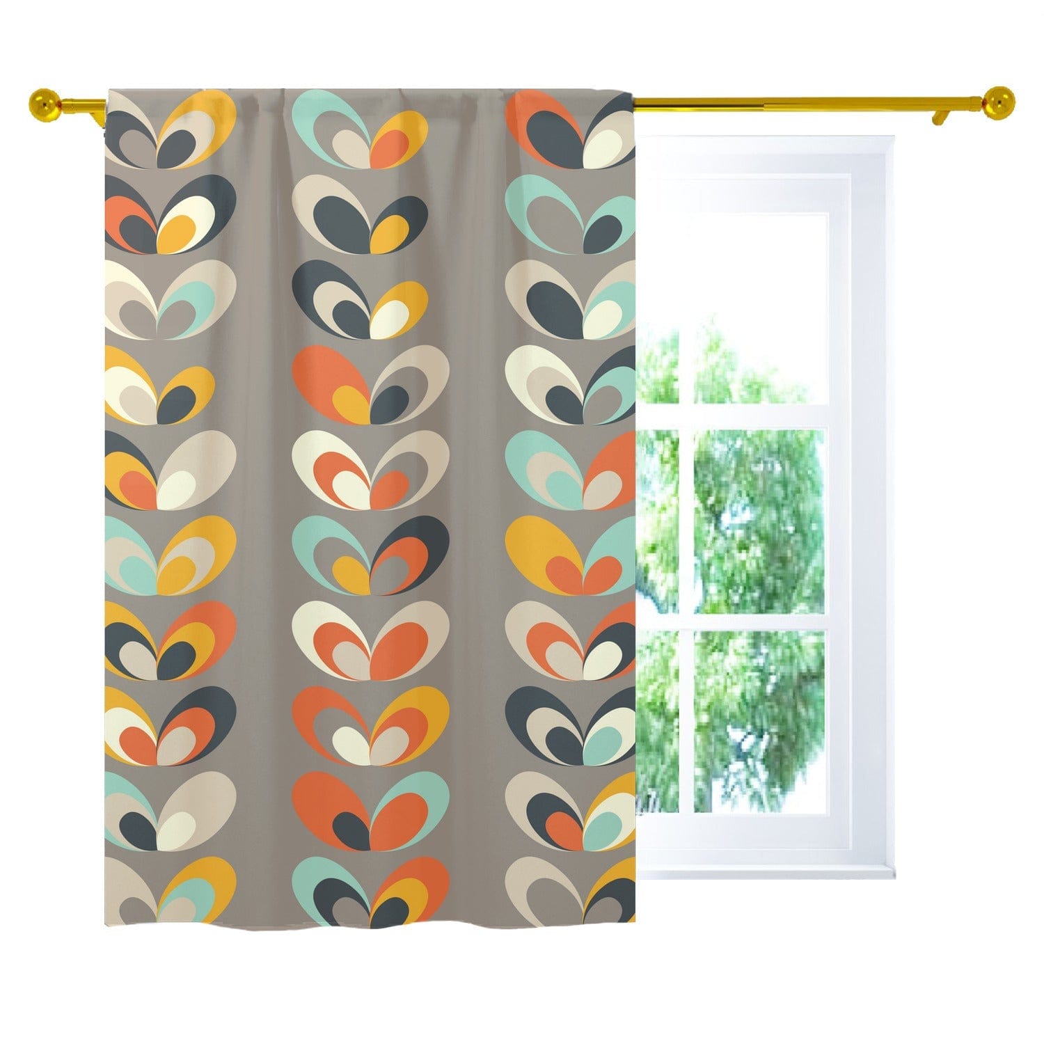 Denmark Pastels, Scandinavian Flower, Grayish Brown, Mint Green, Orange, Yellow Curtain, Single Panel Curtains W42&quot;x L63&quot;