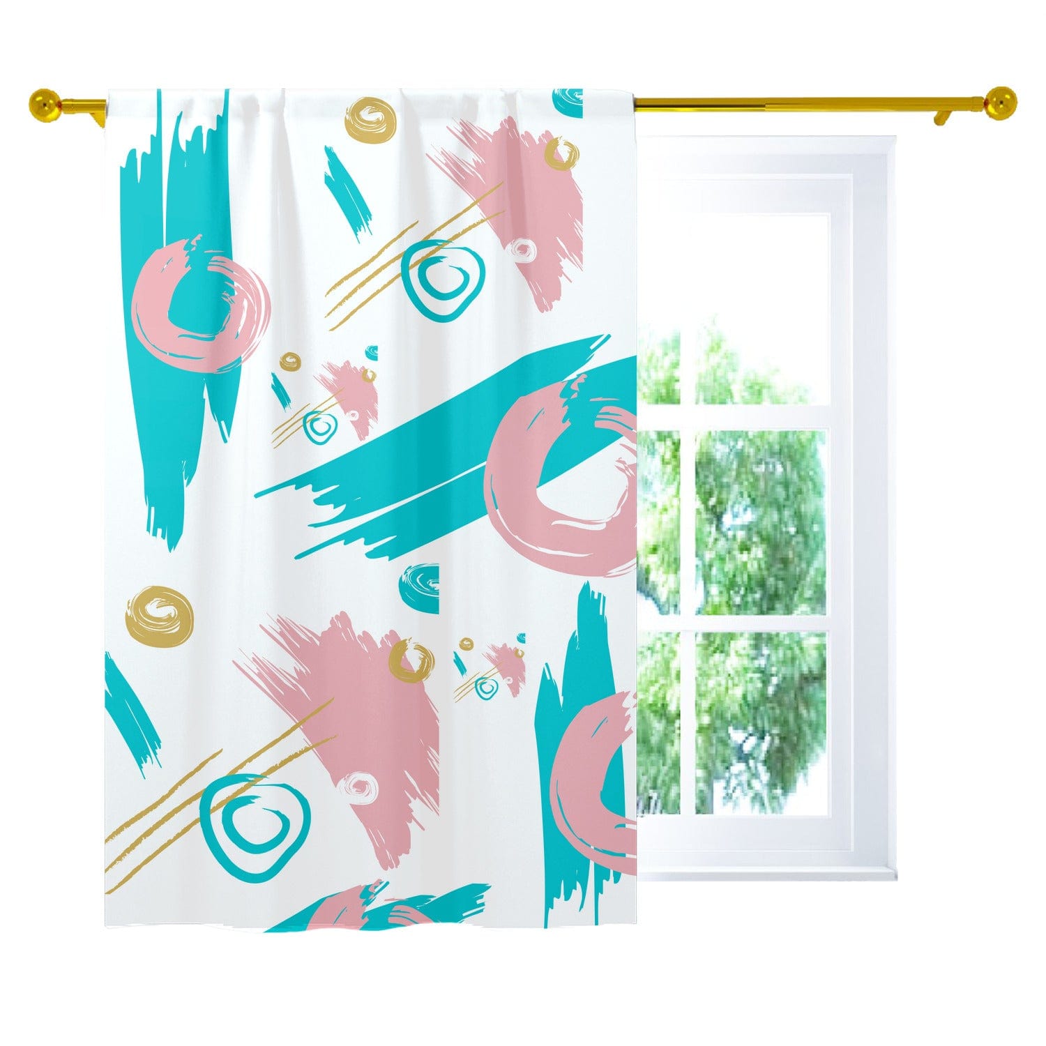 Mid Mod Abstract, Aqua, Pink, Gold, Paint Swatch Retro Curtain, Single Panel W42&quot;x L63&quot;
