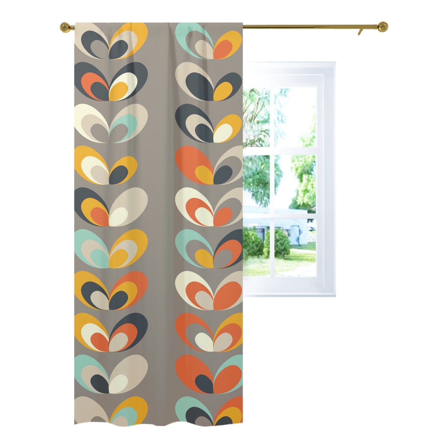 Denmark Pastels, Scandinavian Flower, Grayish Brown, Mint Green, Orange, Yellow Curtain, Single Panel Curtains W42&quot;x L96&quot;