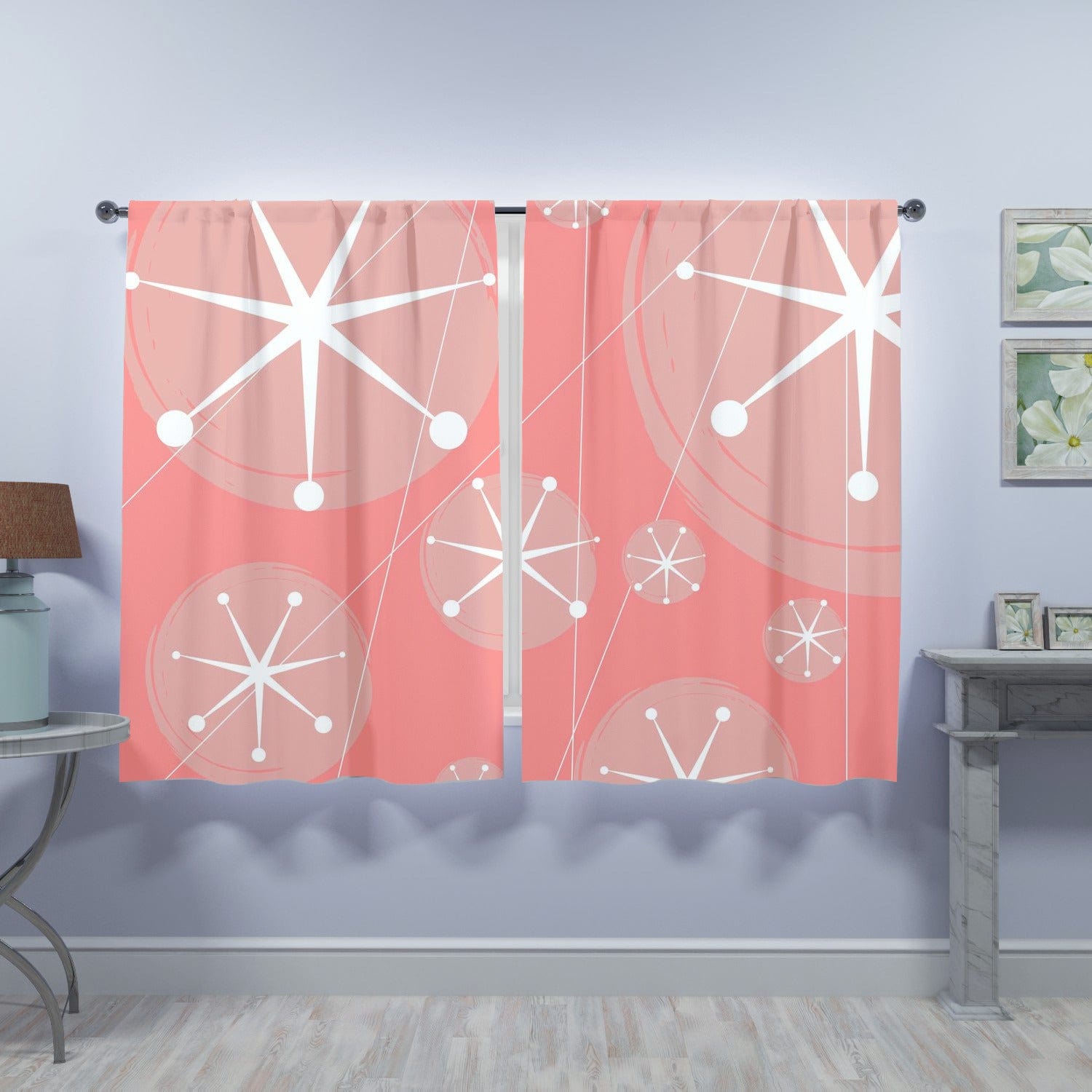 Mid Century Modern, Atomic Starburst, Retro Pink, White, MCM Window Curtains (two panels) Curtains W84&quot;x L63&quot;