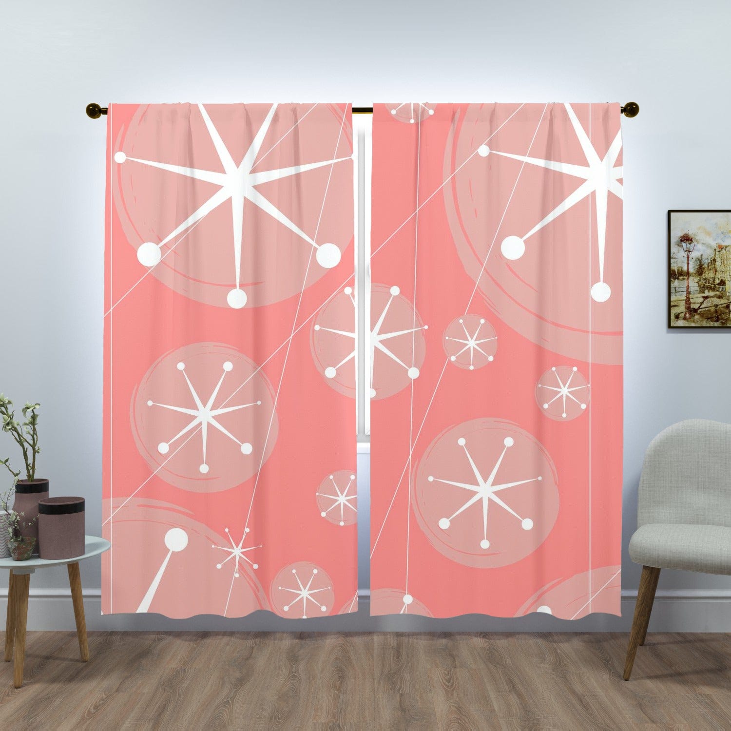 Mid Century Modern, Atomic Starburst, Retro Pink, White, MCM Window Curtains (two panels) Curtains W84&quot;x L84&quot;