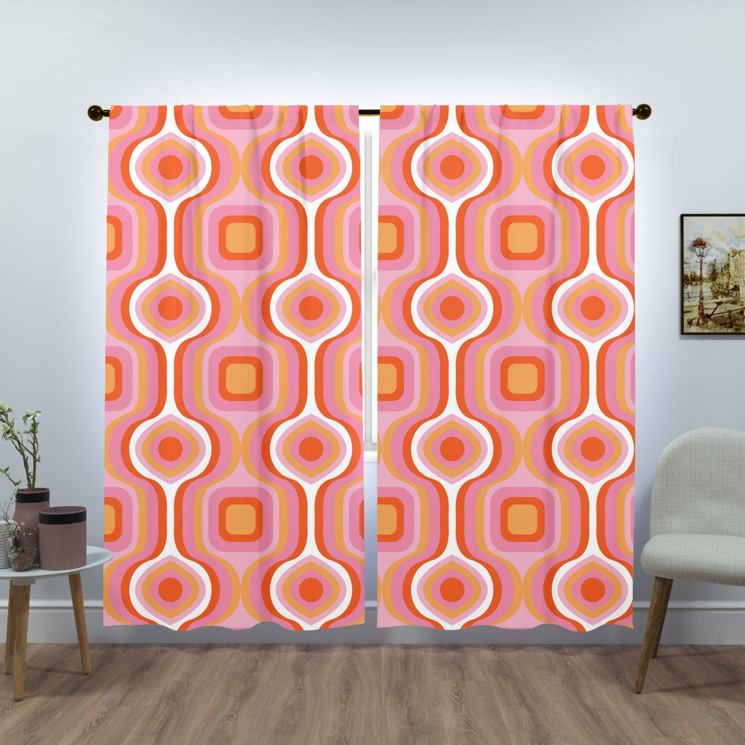 Mid Century Modern Curtains, MCM Mid Mod Pink, White, Yellow Googie, Abstract, Geometric Retro Window Curtains (two panels) Curtains W84&quot;x L84&quot;