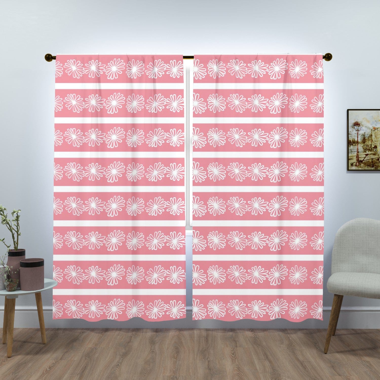 Mid Mod Pink Daisy, Collector Window Curtains (two panels) Curtains W84&quot;x L84&quot;