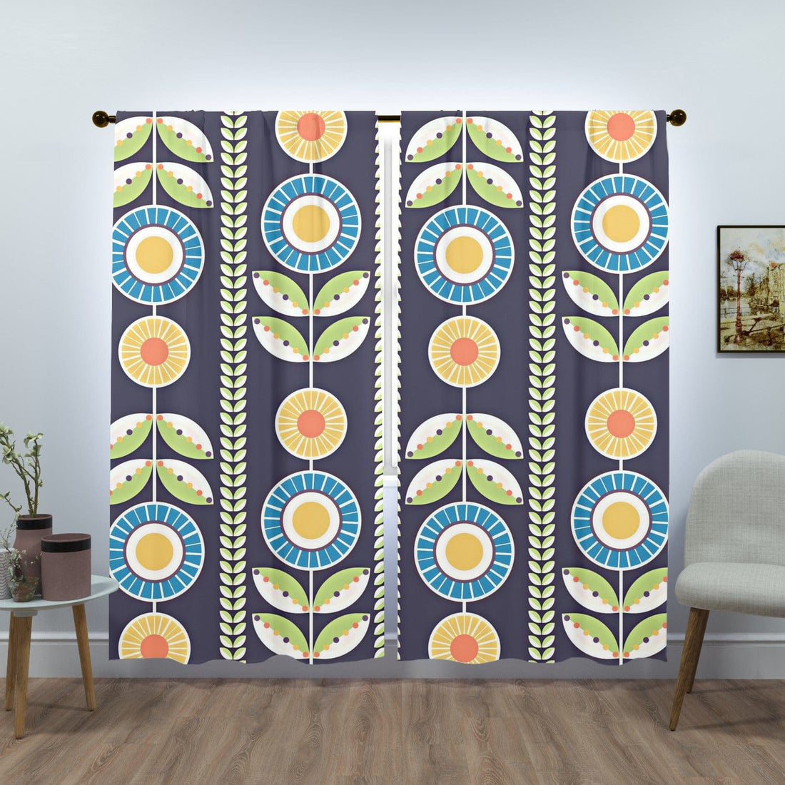Scandinavian Folk Art Flower Curtains, Norwegian Folk Art Home Decor Swedish Hygge Nordic Blue, Green, Yellow Window Curtains (two panels) Curtains W84&quot;x L84&quot;