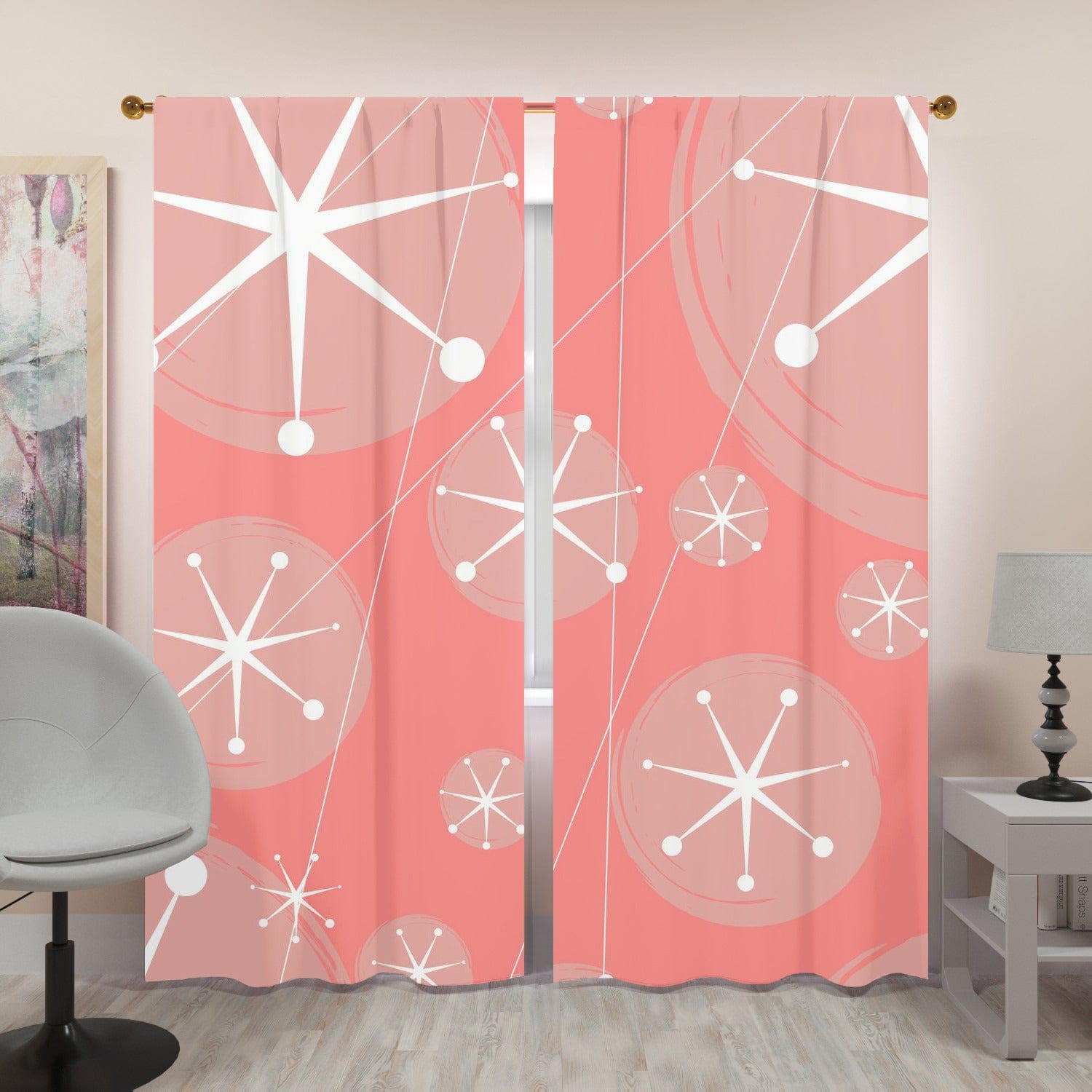 Mid Century Modern, Atomic Starburst, Retro Pink, White, MCM Window Curtains (two panels) Curtains W84&quot;x L96&quot;