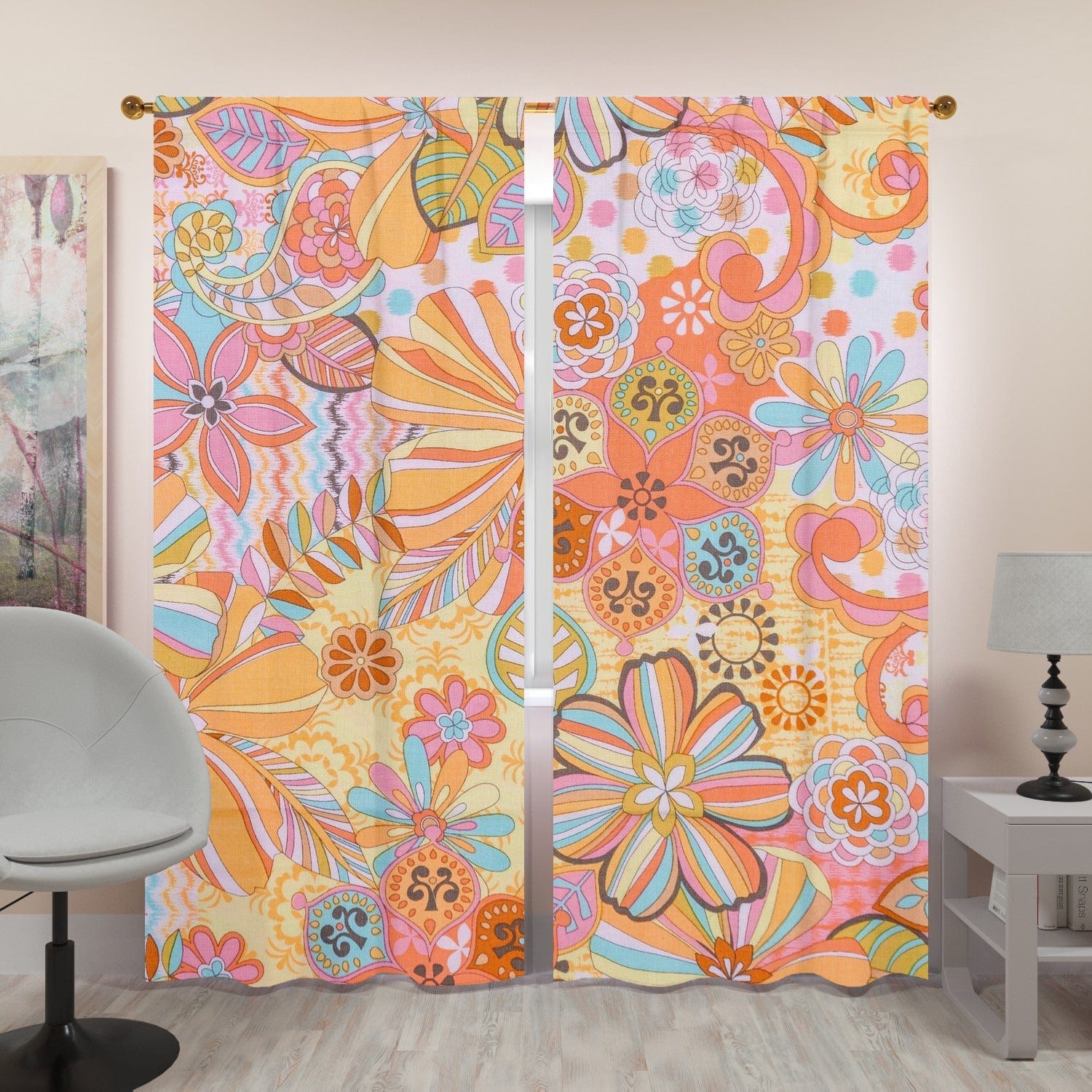 Retro Livingroom, Bedroom, Kitchen, Pink Paisley, Flower Power, Mid Mod Window Curtains (two panels) Curtains W84&quot;x L96&quot;