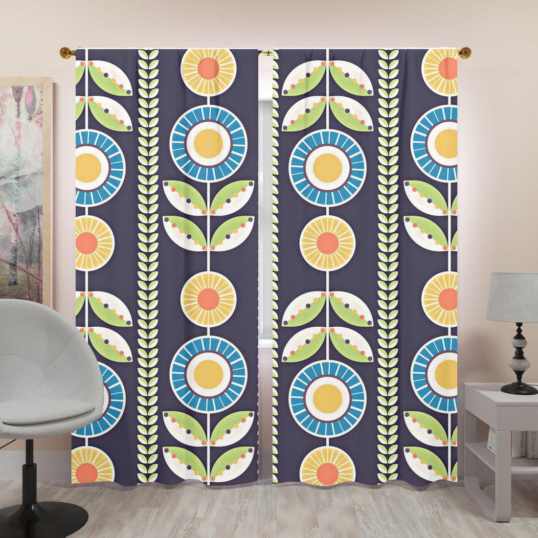 Scandinavian Folk Art Flower Curtains, Norwegian Folk Art Home Decor Swedish Hygge Nordic Blue, Green, Yellow Window Curtains (two panels) Curtains W84&quot;x L96&quot;