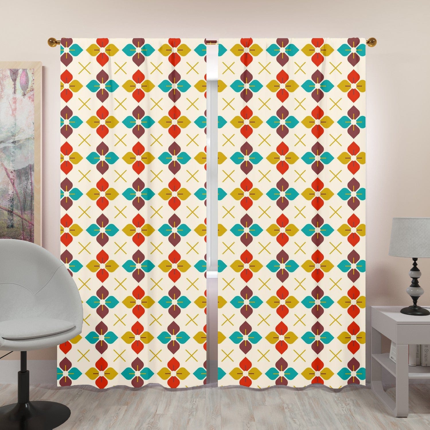 Scandinavian, Modern Danish Flower, Golden Yellow, Burnt Rd, Beige, Teal Blue, Retro Window Curtains (two panels) Curtains W84&quot;x L96&quot;