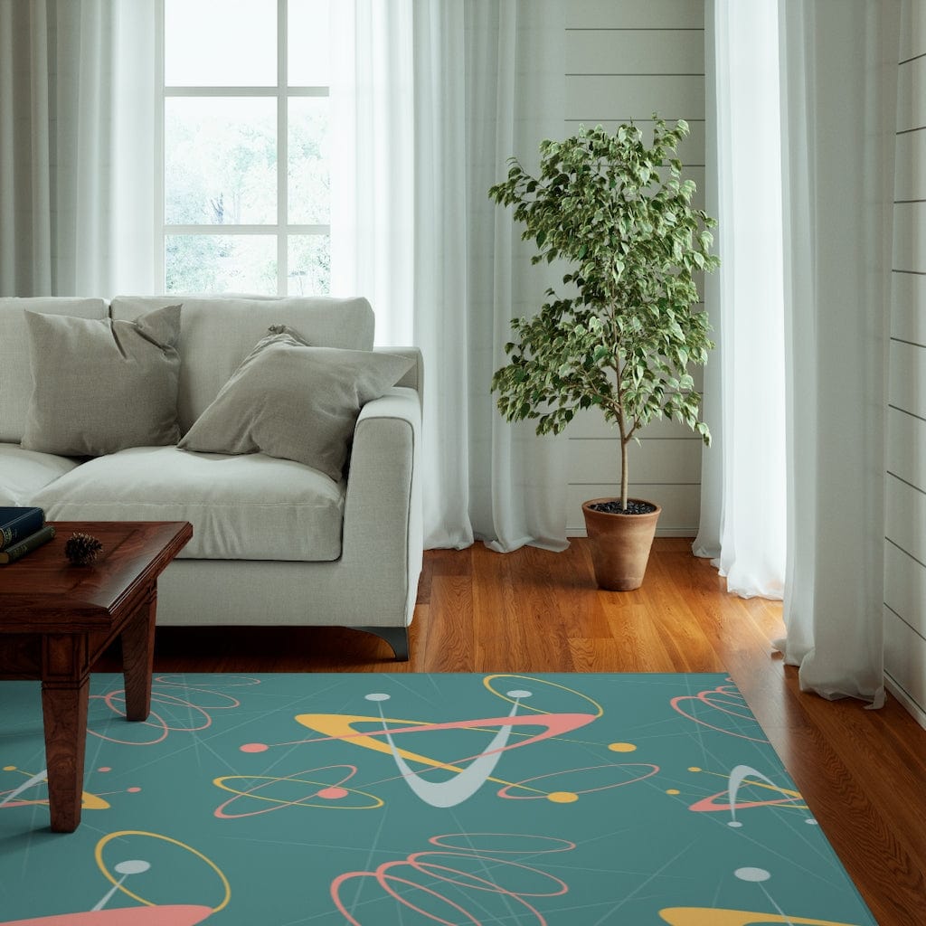 Abstract Mid Century Modern, Atomic Space Age, 50s Pink, Yellow, Ice Blue, Retro MCM Dornier Rug Home Decor White / 63&quot; × 84&quot;