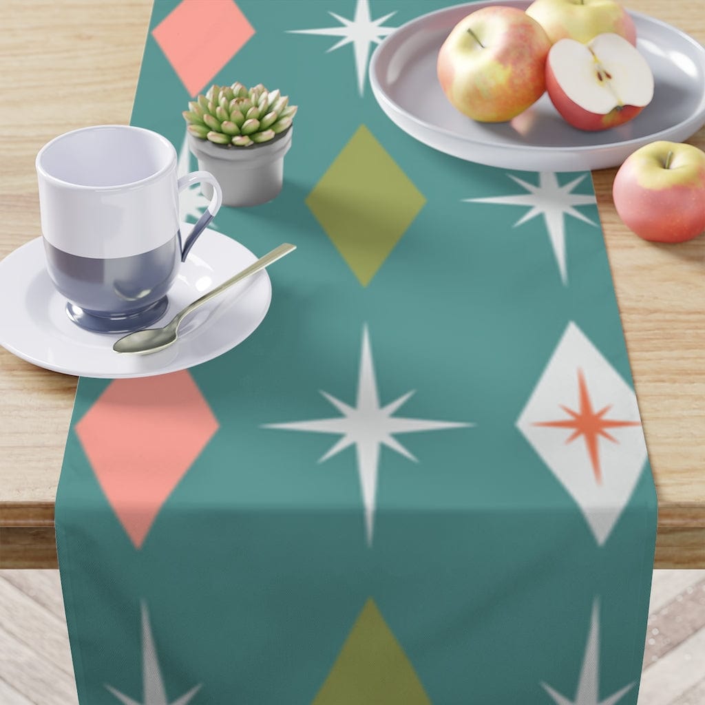 Atomic 50's Retro Diamond, Teal, Pink, Green Mid Mod Table Runner Home Decor White / 90'' × 16''